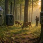Three trail cameras mounted on trees in a forest, including solar and cellular models, capturing deer movement during early morning.