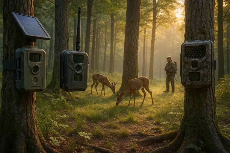 Three trail cameras mounted on trees in a forest, including solar and cellular models, capturing deer movement during early morning.