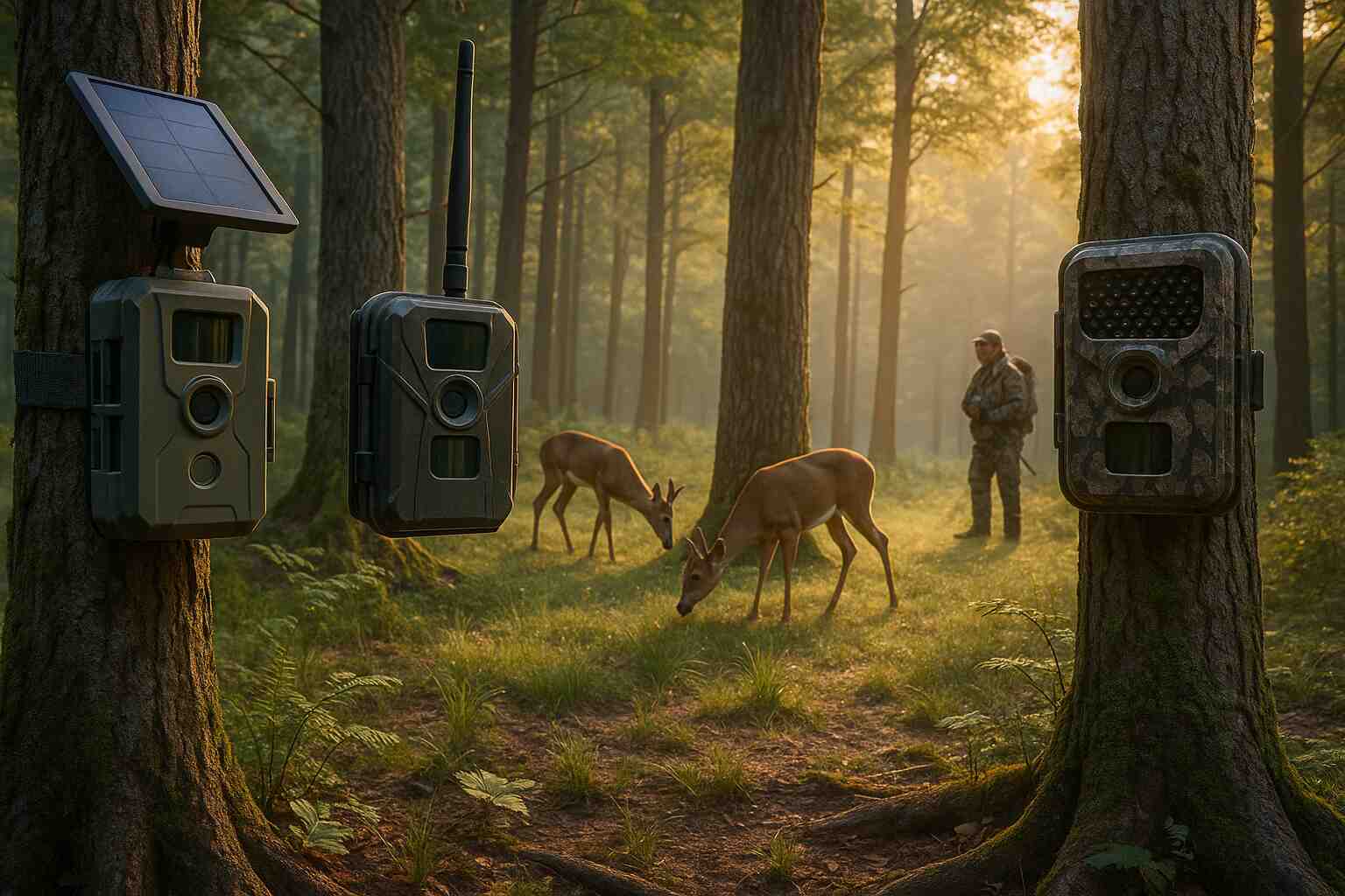 Three trail cameras mounted on trees in a forest, including solar and cellular models, capturing deer movement during early morning.