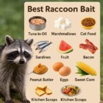 Infographic showing the best raccoon bait options with images and labels including tuna in oil, marshmallows, cat food, sardines, fruit, bacon, peanut butter, eggs, sweet corn, and kitchen scraps. A raccoon stands on grass beside the bait chart.