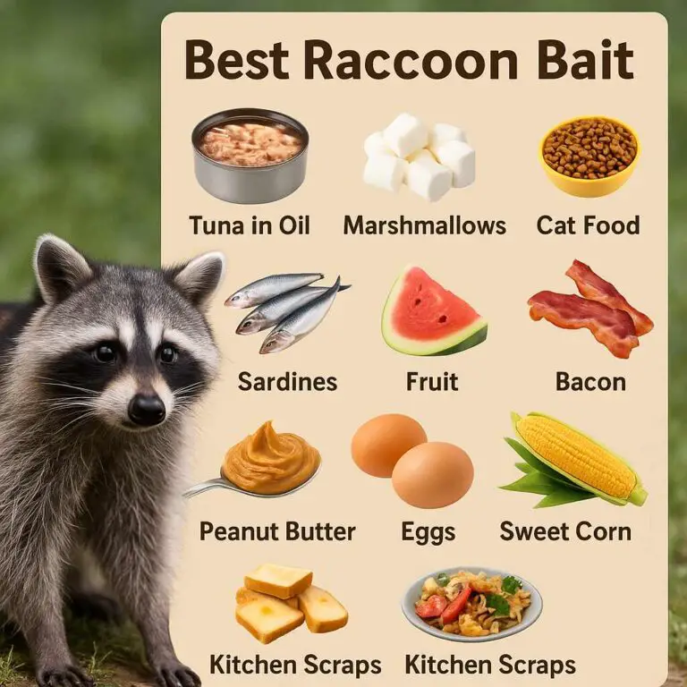 Infographic showing the best raccoon bait options with images and labels including tuna in oil, marshmallows, cat food, sardines, fruit, bacon, peanut butter, eggs, sweet corn, and kitchen scraps. A raccoon stands on grass beside the bait chart.