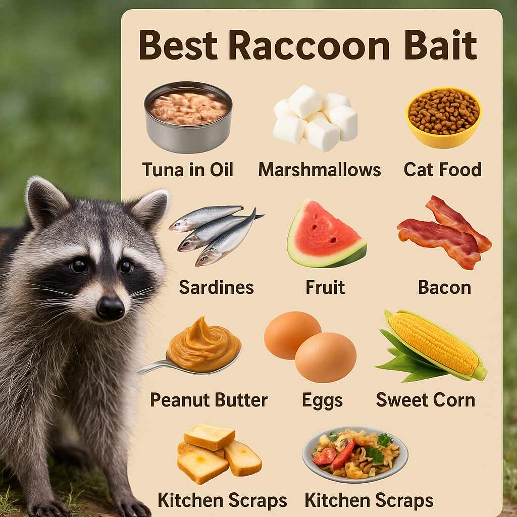 Infographic showing the best raccoon bait options with images and labels including tuna in oil, marshmallows, cat food, sardines, fruit, bacon, peanut butter, eggs, sweet corn, and kitchen scraps. A raccoon stands on grass beside the bait chart.