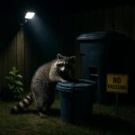A raccoon in a backyard at night caught by a motion-activated light while attempting to open a trash can secured with locking straps.
