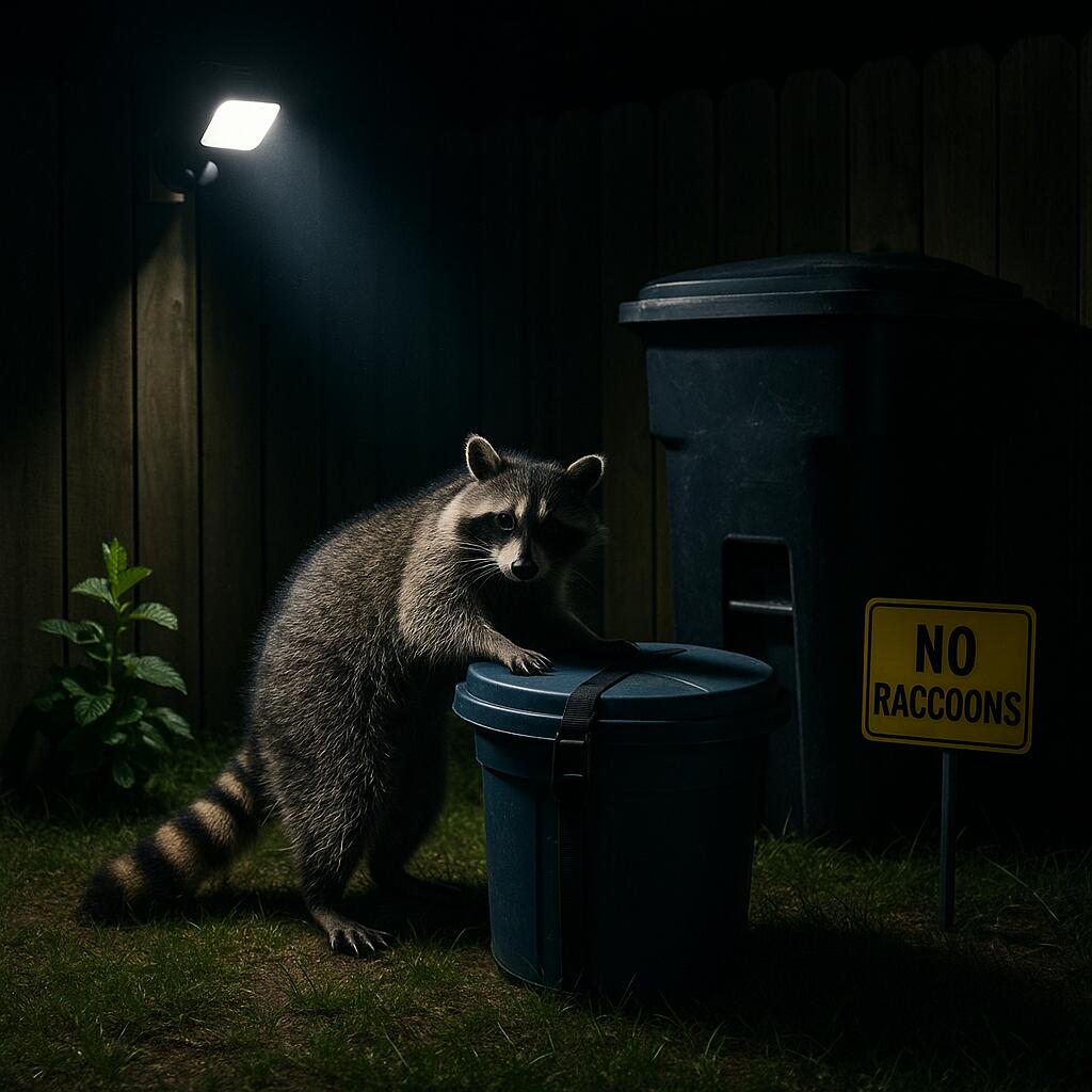 A raccoon in a backyard at night caught by a motion-activated light while attempting to open a trash can secured with locking straps.