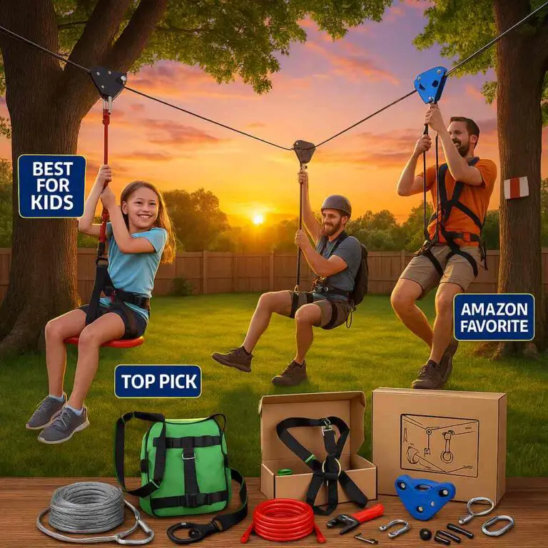 A backyard at sunset with children and adults riding a zip line between two large trees. The setup includes a zip line trolley, spring brake, seat, and safety harness. Nearby, labeled boxes and components like cables and tools are neatly arranged with tags reading “Top Pick,” “Best for Kids,” and “Amazon Favorite.”