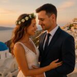 A newlywed couple standing close together on a scenic cliffside in Santorini, Greece, with white-washed buildings and the blue Aegean Sea in the background under a clear sky.