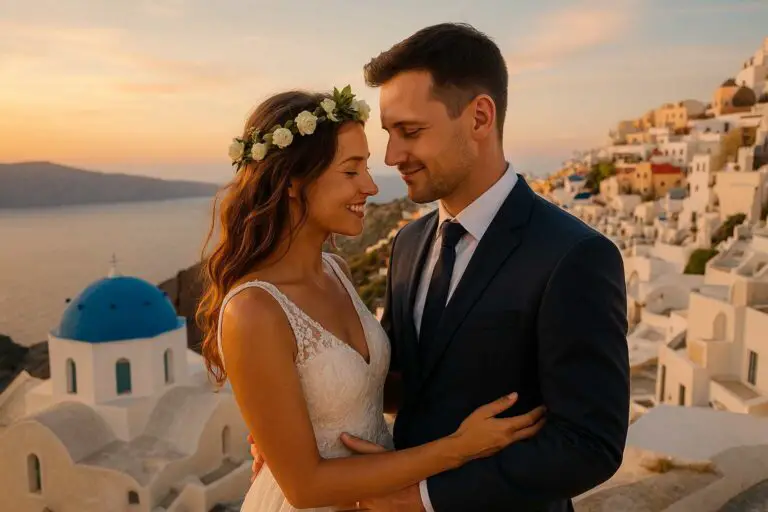 A newlywed couple standing close together on a scenic cliffside in Santorini, Greece, with white-washed buildings and the blue Aegean Sea in the background under a clear sky.