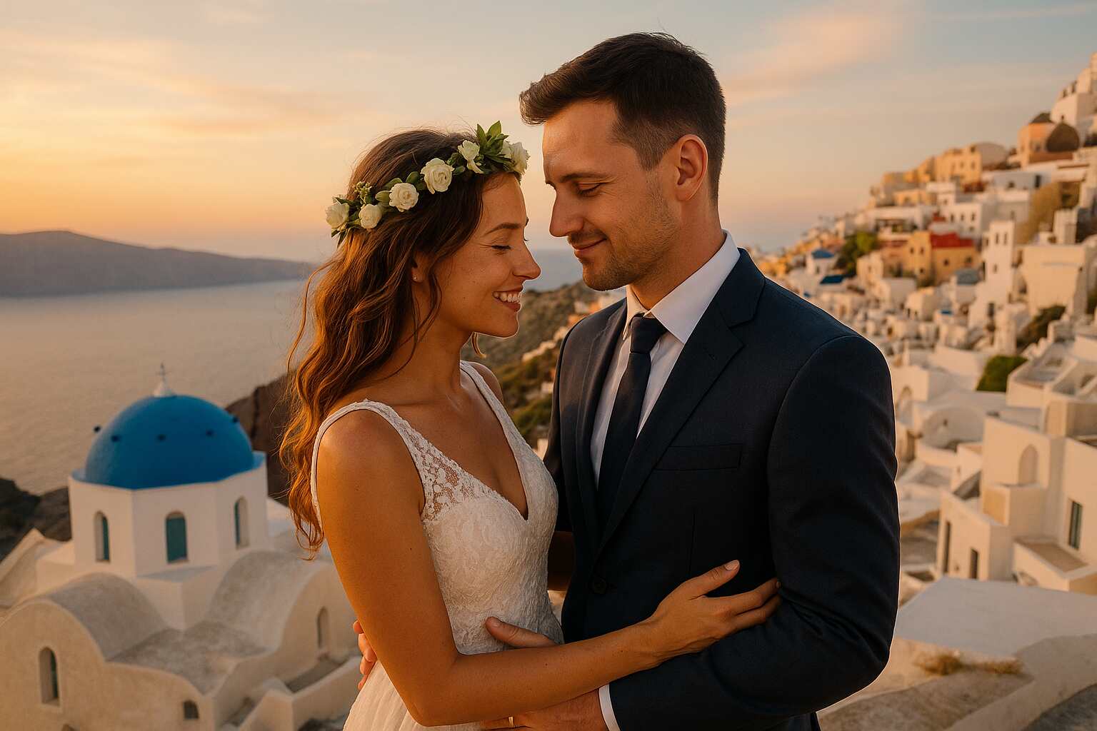 A newlywed couple standing close together on a scenic cliffside in Santorini, Greece, with white-washed buildings and the blue Aegean Sea in the background under a clear sky.