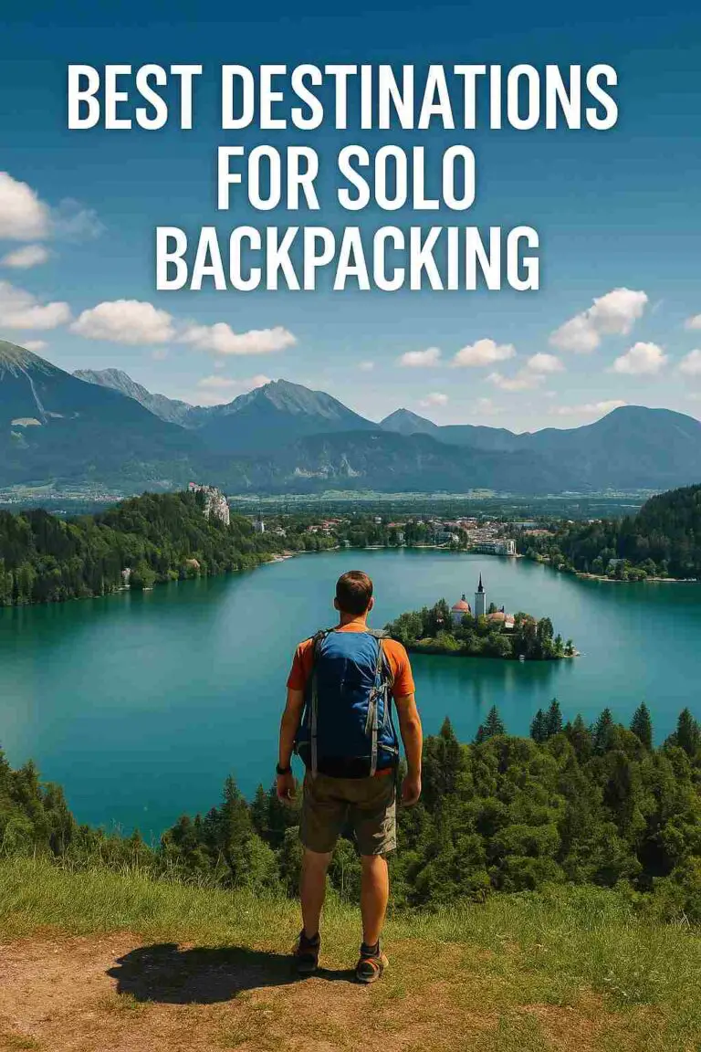A photograph with text features a solo backpacker standing on a grassy overlook, facing a turquoise lake and alpine village surrounded by forested mountains, with the words "Best Destinations for Solo Backpacking" displayed above in bold white font.