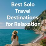 A solo female traveler sitting on a cliffside overlooking a tranquil ocean at sunset, with light rays casting a warm glow and the words “Best Solo Travel Destinations for Relaxation” overlaid on the image.