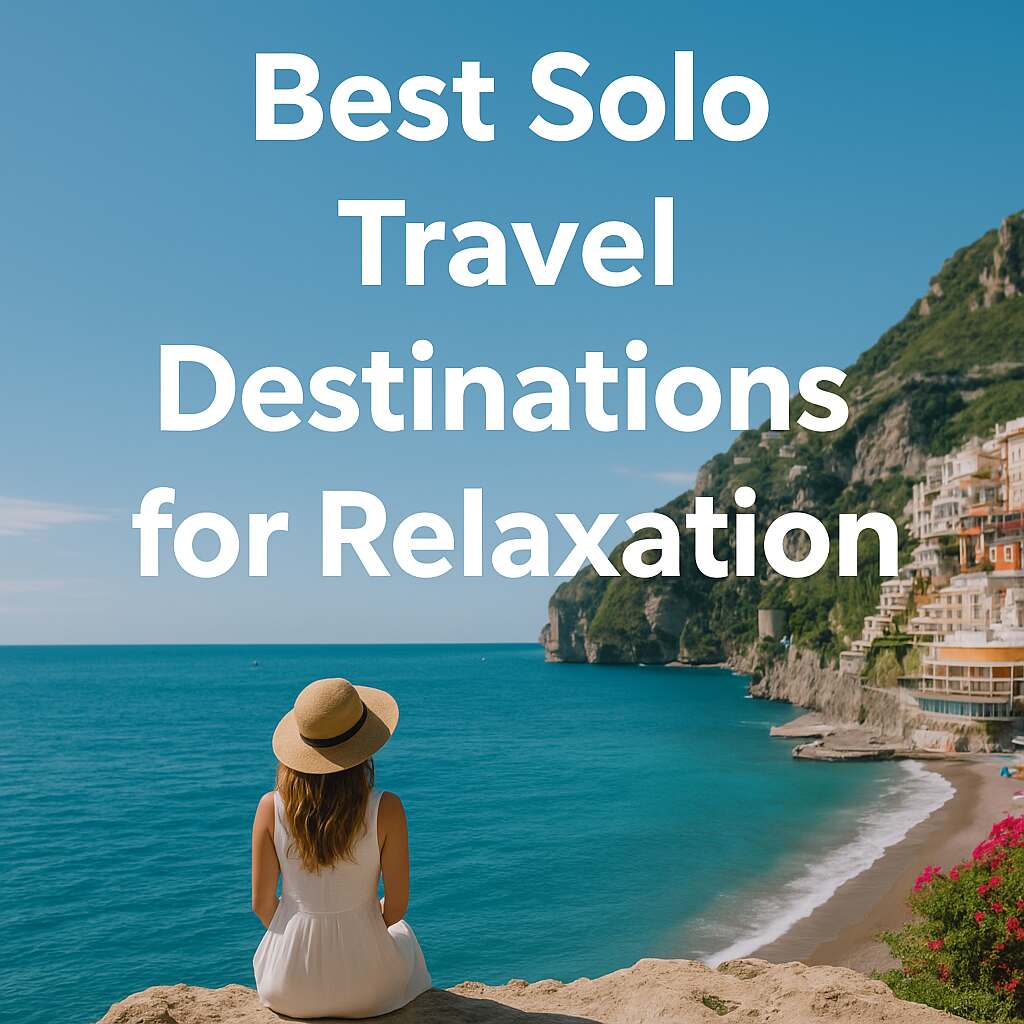 A solo female traveler sitting on a cliffside overlooking a tranquil ocean at sunset, with light rays casting a warm glow and the words “Best Solo Travel Destinations for Relaxation” overlaid on the image.