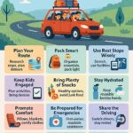 Colorful infographic titled 'Best Tips for Family Road Trips' showing a cheerful family packing a car with luggage, maps, snacks, and road trip essentials under a sunny sky.