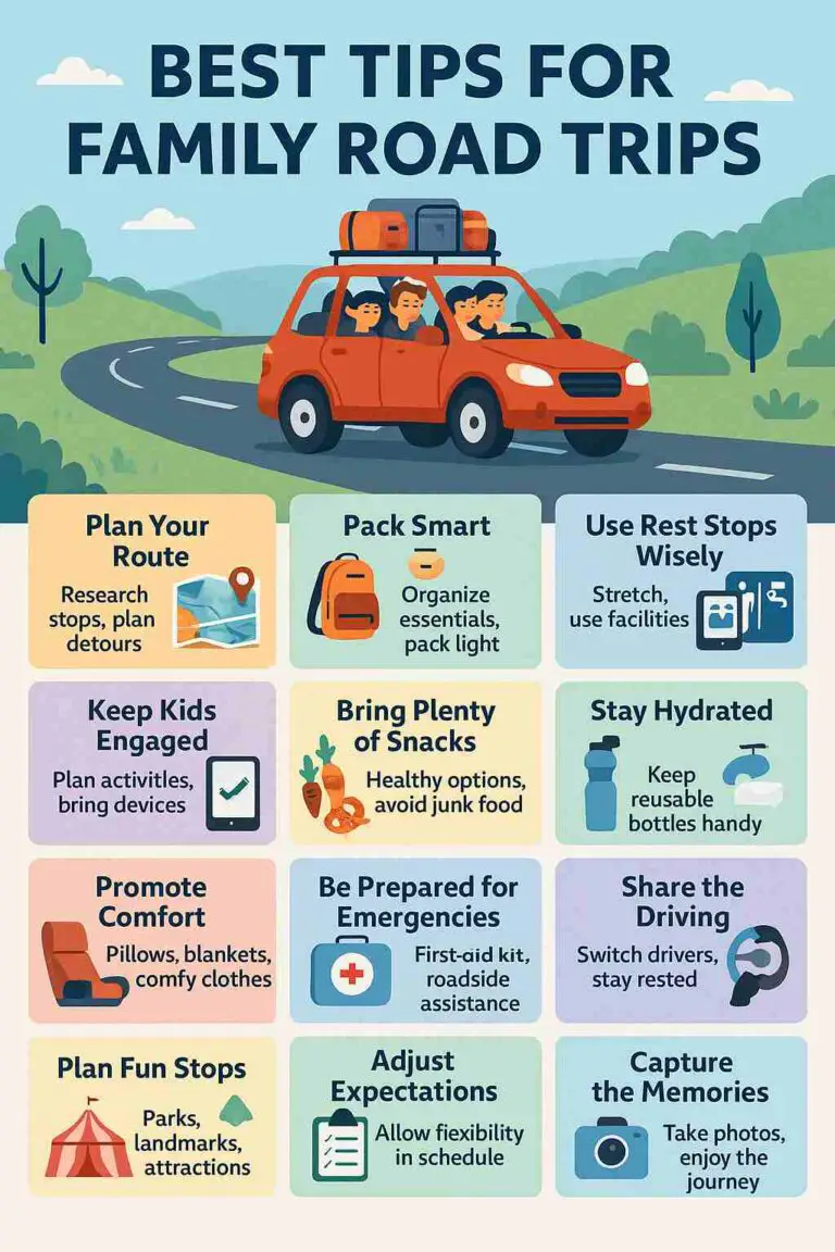Colorful infographic titled 'Best Tips for Family Road Trips' showing a cheerful family packing a car with luggage, maps, snacks, and road trip essentials under a sunny sky.