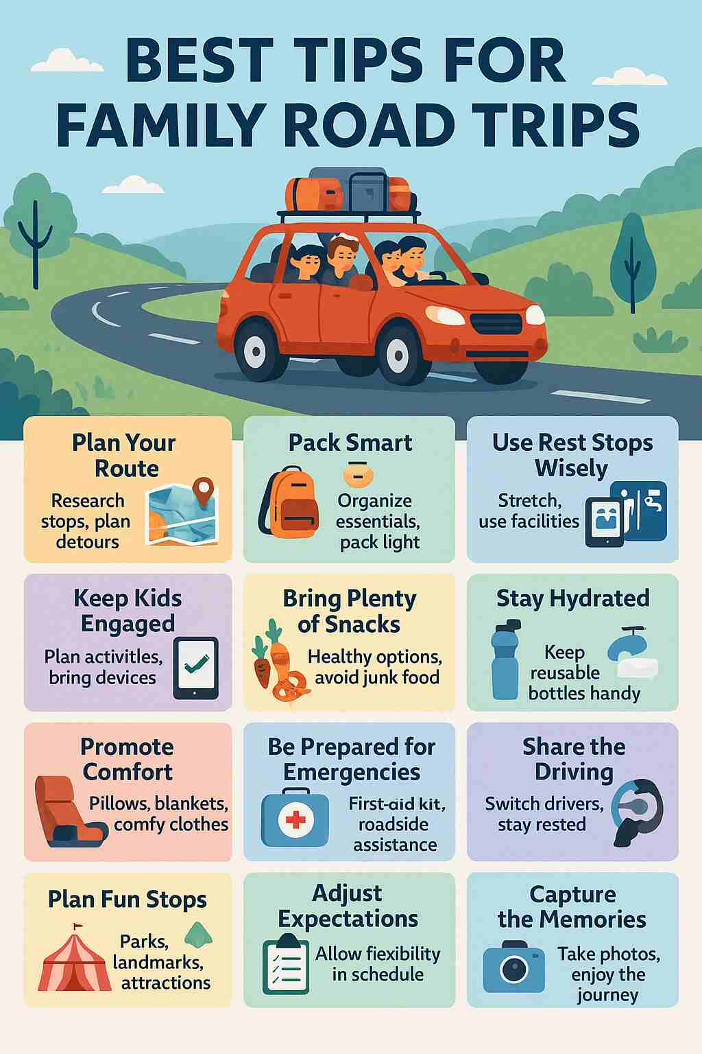 Colorful infographic titled 'Best Tips for Family Road Trips' showing a cheerful family packing a car with luggage, maps, snacks, and road trip essentials under a sunny sky.