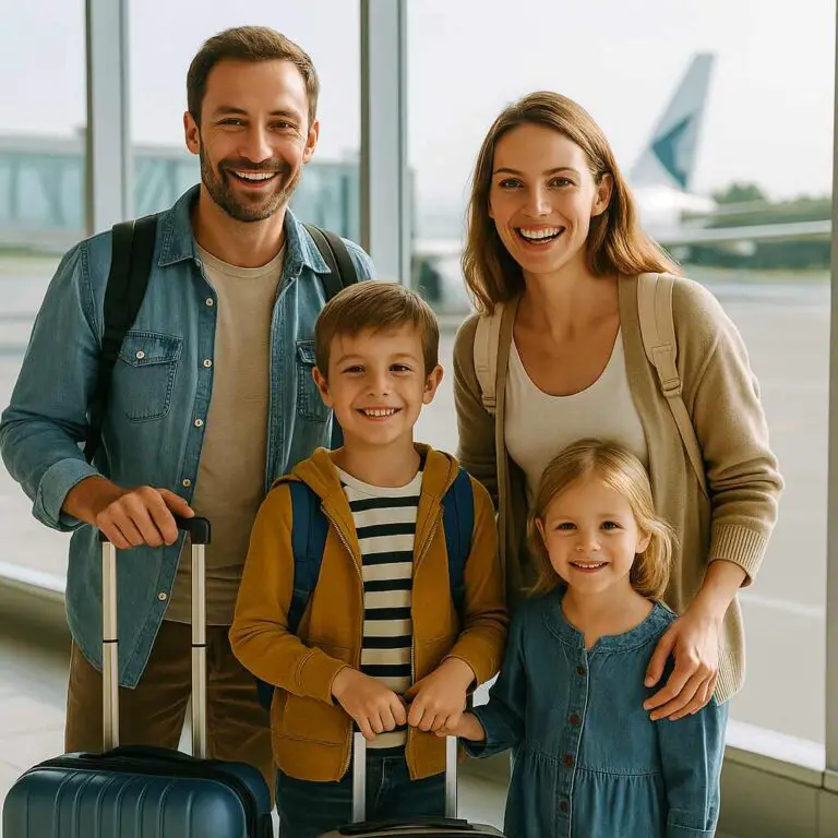 A happy family of four—father, mother, young son, and daughter—standing with luggage inside a sunny airport terminal, with an airplane visible through the large window behind them.