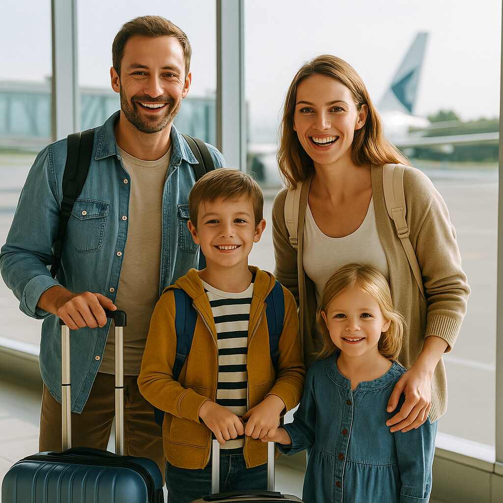 A happy family of four—father, mother, young son, and daughter—standing with luggage inside a sunny airport terminal, with an airplane visible through the large window behind them.