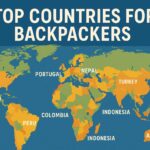A 2D digital world map graphic titled "Top Countries for Backpackers" displays highlighted countries including Thailand, Vietnam, Mexico, Portugal, Nepal, Colombia, Indonesia, Peru, Turkey, and Georgia on a blue background with bold white text.