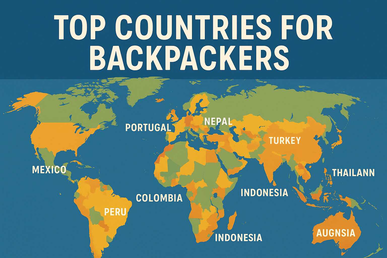 A 2D digital world map graphic titled "Top Countries for Backpackers" displays highlighted countries including Thailand, Vietnam, Mexico, Portugal, Nepal, Colombia, Indonesia, Peru, Turkey, and Georgia on a blue background with bold white text.