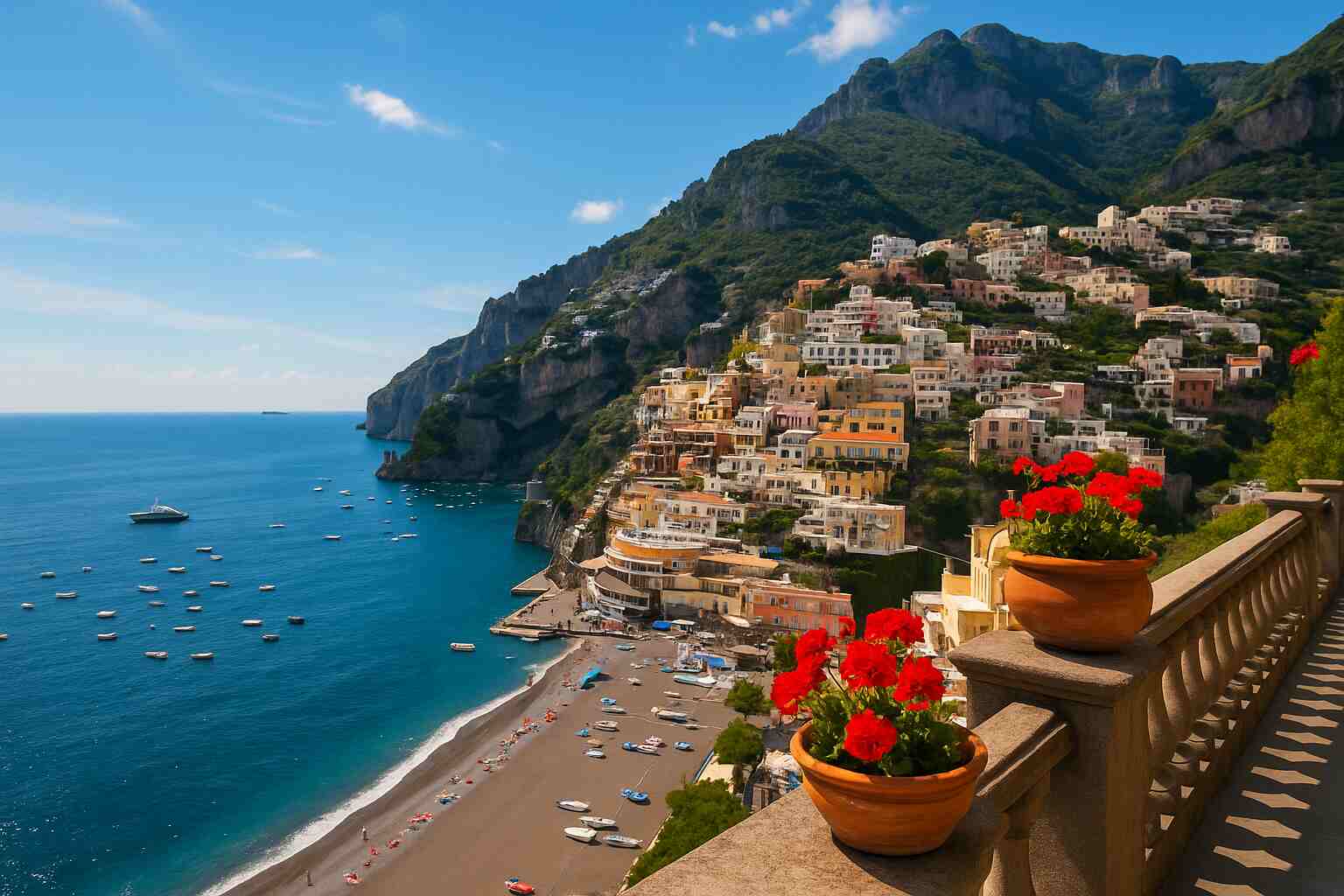 A scenic coastal village on the Amalfi Coast with colorful cliffside houses overlooking the blue Mediterranean Sea, sunny skies above, and boats docked below.