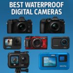 A digital photograph displays eight waterproof digital cameras, including models from OM System, GoPro, Sony, DJI, SeaLife, and Minolta, arranged against a blue background with the title "Best Waterproof Digital Cameras" in bold white letters above.
