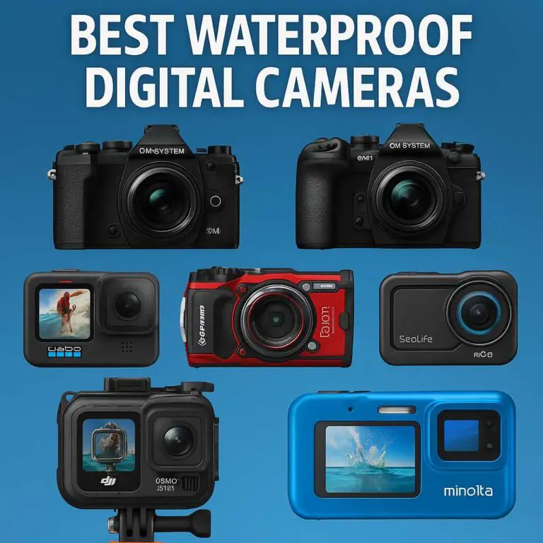 A digital photograph displays eight waterproof digital cameras, including models from OM System, GoPro, Sony, DJI, SeaLife, and Minolta, arranged against a blue background with the title "Best Waterproof Digital Cameras" in bold white letters above.