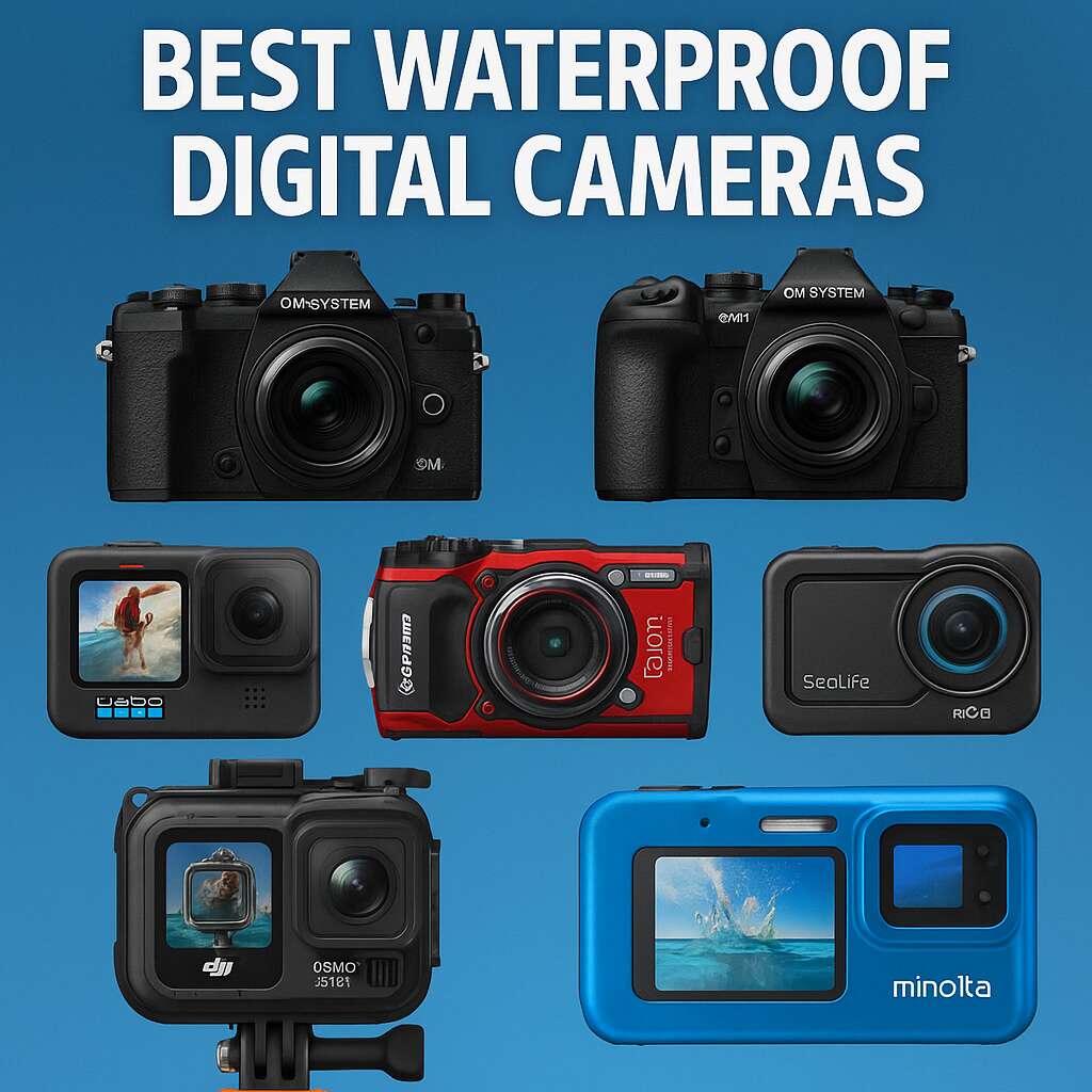 A digital photograph displays eight waterproof digital cameras, including models from OM System, GoPro, Sony, DJI, SeaLife, and Minolta, arranged against a blue background with the title "Best Waterproof Digital Cameras" in bold white letters above.