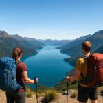 Two hikers with backpacks and trekking poles stand on a mountain trail overlooking a turquoise lake in New Zealand’s Fiordland National Park, surrounded by towering green peaks under a clear blue sky.