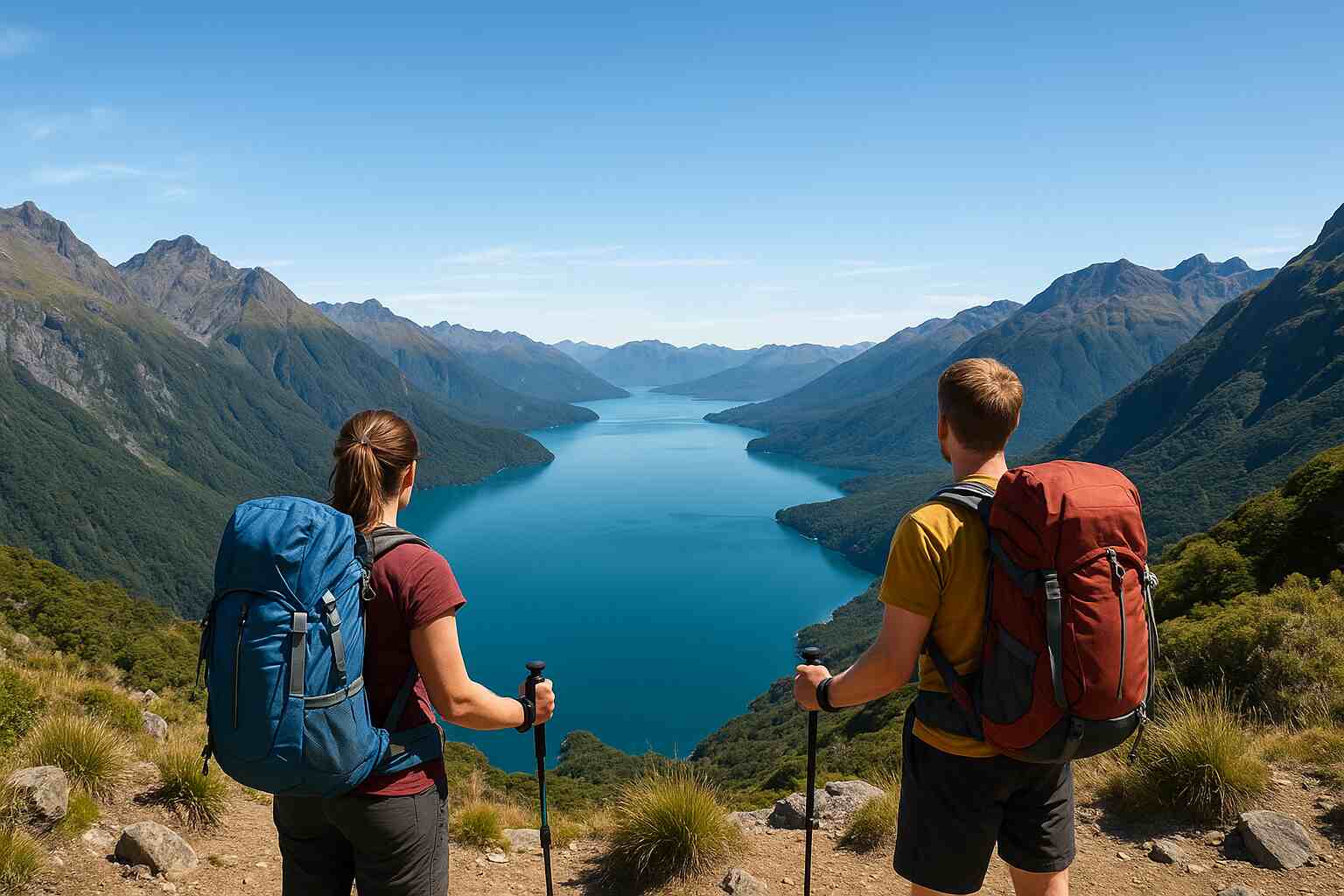 Two hikers with backpacks and trekking poles stand on a mountain trail overlooking a turquoise lake in New Zealand’s Fiordland National Park, surrounded by towering green peaks under a clear blue sky.