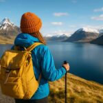 A solo female traveler with a backpack overlooking a scenic mountain landscape at sunrise, standing on a cliff with a panoramic view of nature below.