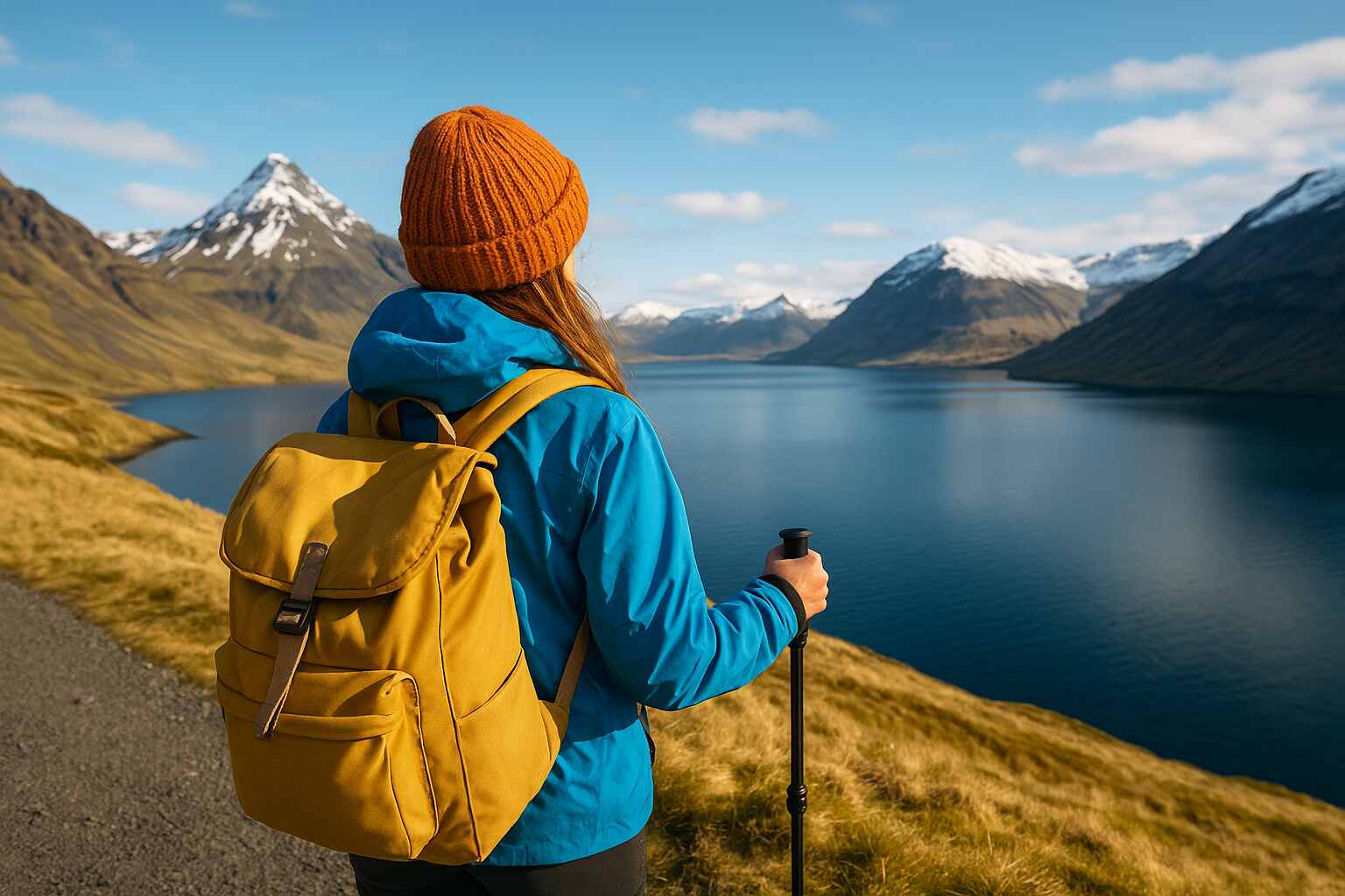 A solo female traveler with a backpack overlooking a scenic mountain landscape at sunrise, standing on a cliff with a panoramic view of nature below.