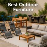 A digital photograph showcases an inviting outdoor patio furnished with various outdoor furniture styles, including a wicker sofa, wooden dining set, blue bistro table and chairs, and reclining lounge chairs, all set against a cream stucco wall with green vines and natural landscaping.