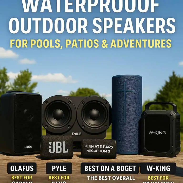 A waterproof outdoor Bluetooth speaker playing music on a poolside table, with water splashes nearby and lush greenery in the background under a sunny sky. Text overlay reads “Best Waterproof Outdoor Speakers.