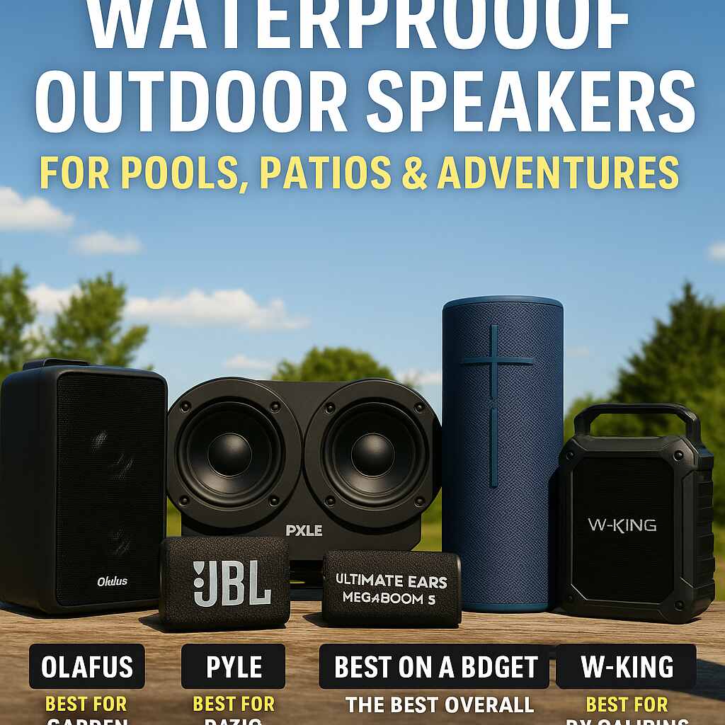 A waterproof outdoor Bluetooth speaker playing music on a poolside table, with water splashes nearby and lush greenery in the background under a sunny sky. Text overlay reads “Best Waterproof Outdoor Speakers.