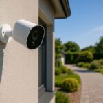 Modern outdoor security camera mounted on the exterior wall of a house, overlooking a sunny driveway and well-maintained garden under a clear blue sky.