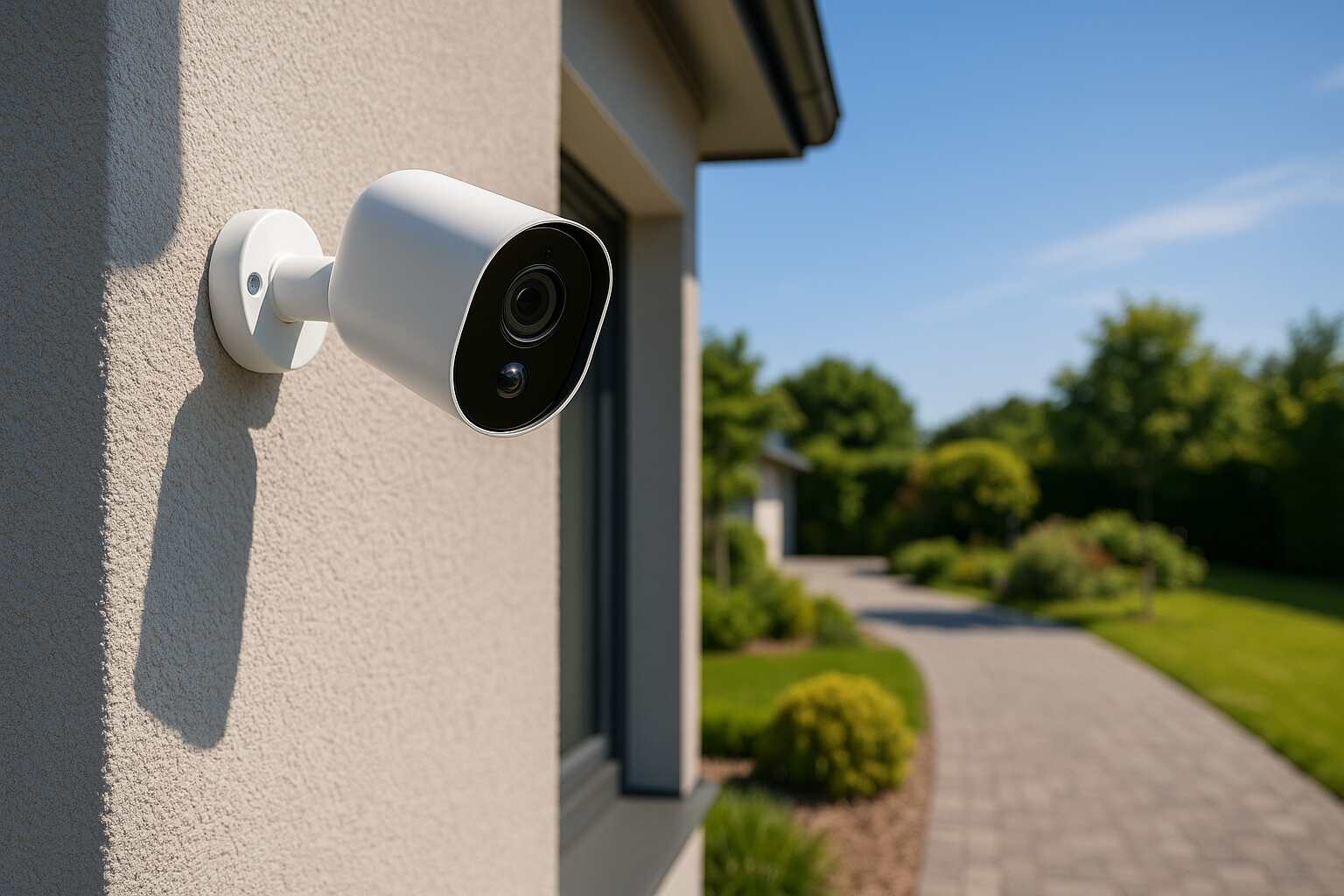 Modern outdoor security camera mounted on the exterior wall of a house, overlooking a sunny driveway and well-maintained garden under a clear blue sky.