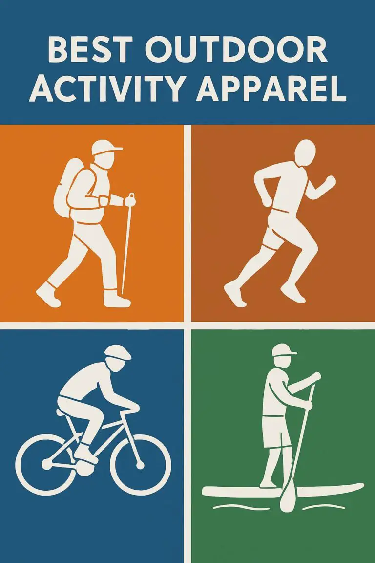 A flat-design digital illustration titled "Best Outdoor Activity Apparel" features four colorful quadrants with white silhouette icons representing popular outdoor activities: a hiker in orange, a runner in burnt-orange, a cyclist in blue, and a paddleboarder in green. The top banner displays the title in bold white letters against a blue background.