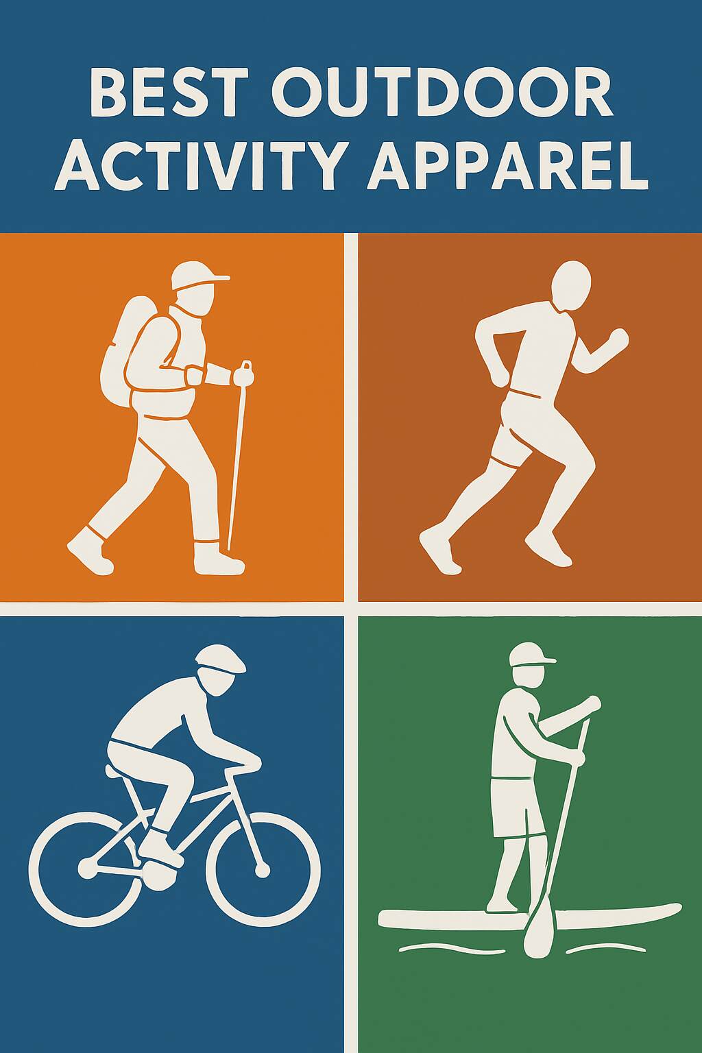 A flat-design digital illustration titled "Best Outdoor Activity Apparel" features four colorful quadrants with white silhouette icons representing popular outdoor activities: a hiker in orange, a runner in burnt-orange, a cyclist in blue, and a paddleboarder in green. The top banner displays the title in bold white letters against a blue background.