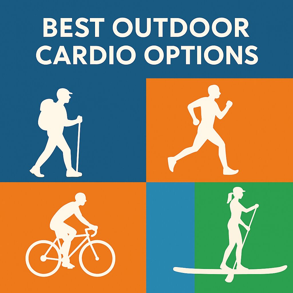A colorful 2D graphic titled "Best Outdoor Cardio Options" features four bold quadrants with white silhouette icons of a hiker, runner, cyclist, and paddleboarder against blue, orange, teal, and green backgrounds, representing top outdoor cardio activities.