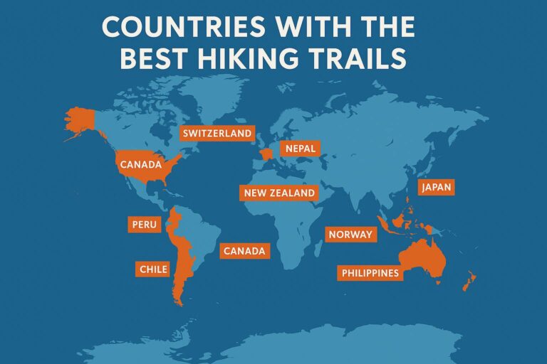 A 2D digital graphic design map showcases countries with the best hiking trails, highlighting Nepal, Switzerland, New Zealand, Peru, Canada, USA, Japan, Norway, Chile, and the Philippines in bright orange against a blue world map, with the title “Countries With The Best Hiking Trails” in bold white letters at the top.