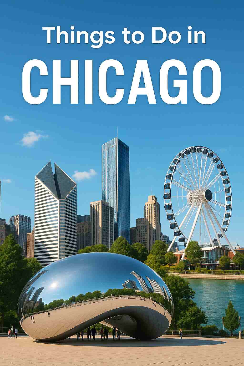 “Chicago travel collage featuring The Bean at Millennium Park, the Navy Pier Ferris wheel, and the city skyline under a bright blue sky with the text ‘Things to Do in Chicago.