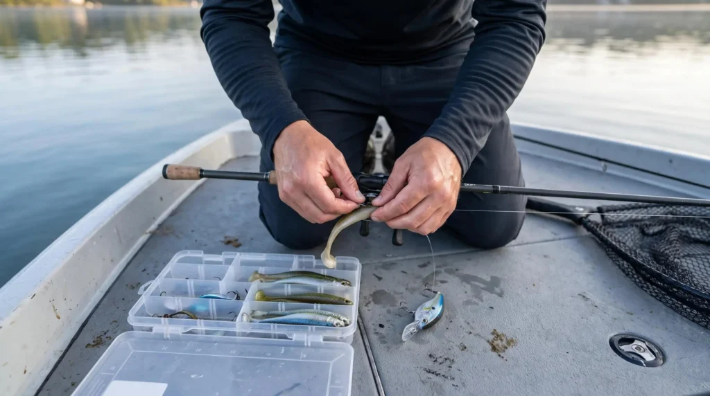 Angler on a boat tying a soft plastic lure onto a rod, with a tray of soft baits and a net beside them